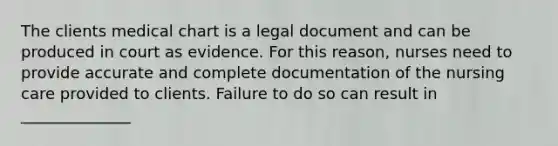 The clients medical chart is a legal document and can be produced in court as evidence. For this reason, nurses need to provide accurate and complete documentation of the nursing care provided to clients. Failure to do so can result in ______________