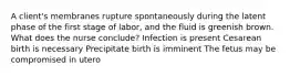 A client's membranes rupture spontaneously during the latent phase of the first stage of labor, and the fluid is greenish brown. What does the nurse conclude? Infection is present Cesarean birth is necessary Precipitate birth is imminent The fetus may be compromised in utero