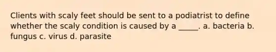 Clients with scaly feet should be sent to a podiatrist to define whether the scaly condition is caused by a _____. a. bacteria b. fungus c. virus d. parasite