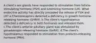 A client's sex glands have responded to stimulation from follicle-stimulating hormone (FSH) and luteinizing hormone (LH). What endocrine activity has directly preceded the release of FSH and LH? a.Chemoreceptors detected a deficiency in growth hormone-releasing hormone (GHRH). b.The client's hypothalamus detected a deficiency in both hormones and released them. c.The client's anterior pituitary gland was stimulated by gonadotropin-releasing hormone (GnRH). d.The client's hypothalamus responded to stimulation from prolactin-releasing hormone (PRH).