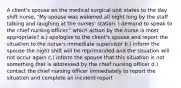 A client's spouse on the medical surgical unit states to the day shift nurse, "My spouse was wakened all night long by the staff talking and laughing at the nurses' station. I demand to speak to the chief nursing officer." which action by the nurse is most appropriate? a.) apologize to the client's spouse and report the situation to the nurse's immediate supervisor b.) inform the spouse the night shift will be reprimanded and the situation will not occur again c.) inform the spouse that this situation is not something that is addressed by the chief nursing officer d.) contact the chief nursing officer immediately to report the situation and complete an incident report