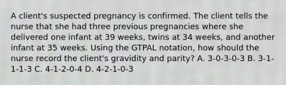 A client's suspected pregnancy is confirmed. The client tells the nurse that she had three previous pregnancies where she delivered one infant at 39 weeks, twins at 34 weeks, and another infant at 35 weeks. Using the GTPAL notation, how should the nurse record the client's gravidity and parity? A. 3-0-3-0-3 B. 3-1-1-1-3 C. 4-1-2-0-4 D. 4-2-1-0-3