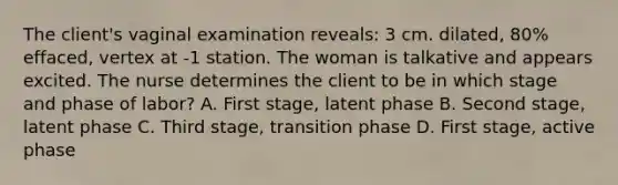 The client's vaginal examination reveals: 3 cm. dilated, 80% effaced, vertex at -1 station. The woman is talkative and appears excited. The nurse determines the client to be in which stage and phase of labor? A. First stage, latent phase B. Second stage, latent phase C. Third stage, transition phase D. First stage, active phase