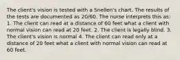 The client's vision is tested with a Snellen's chart. The results of the tests are documented as 20/60. The nurse interprets this as: 1. The client can read at a distance of 60 feet what a client with normal vision can read at 20 feet. 2. The client is legally blind. 3. The client's vision is normal 4. The client can read only at a distance of 20 feet what a client with normal vision can read at 60 feet.