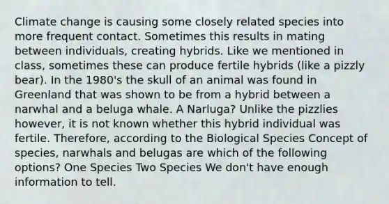 Climate change is causing some closely related species into more frequent contact. Sometimes this results in mating between individuals, creating hybrids. Like we mentioned in class, sometimes these can produce fertile hybrids (like a pizzly bear). In the 1980's the skull of an animal was found in Greenland that was shown to be from a hybrid between a narwhal and a beluga whale. A Narluga? Unlike the pizzlies however, it is not known whether this hybrid individual was fertile. Therefore, according to the Biological Species Concept of species, narwhals and belugas are which of the following options? One Species Two Species We don't have enough information to tell.