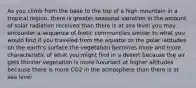 As you climb from the base to the top of a high mountain in a tropical region, there is greater seasonal variation in the amount of solar radiation received than there is at sea level you may encounter a sequence of biotic communities similar to what you would find if you traveled from the equator to the polar latitudes on the earth's surface the vegetation becomes more and more characteristic of what you might find in a desert because the air gets thinner vegetation is more luxuriant at higher altitudes because there is more CO2 in the atmosphere than there is at sea level