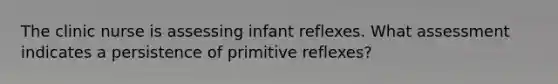 The clinic nurse is assessing infant reflexes. What assessment indicates a persistence of primitive reflexes?