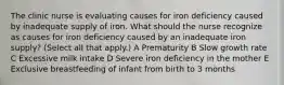 The clinic nurse is evaluating causes for iron deficiency caused by inadequate supply of iron. What should the nurse recognize as causes for iron deficiency caused by an inadequate iron supply? (Select all that apply.) A Prematurity B Slow growth rate C Excessive milk intake D Severe iron deficiency in the mother E Exclusive breastfeeding of infant from birth to 3 months