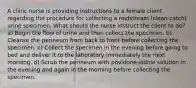 A clinic nurse is providing instructions to a female client regarding the procedure for collecting a midstream (clean-catch) urine specimen. What should the nurse instruct the client to do? a) Begin the flow of urine and then collect the specimen. b) Cleanse the perineum from back to front before collecting the specimen. c) Collect the specimen in the evening before going to bed and deliver it to the laboratory immediately the next morning. d) Scrub the perineum with povidone-iodine solution in the evening and again in the morning before collecting the specimen.