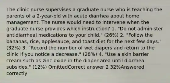 The clinic nurse supervises a graduate nurse who is teaching the parents of a 2-year-old with acute diarrhea about home management. The nurse would need to intervene when the graduate nurse provides which instruction? 1. "Do not administer antidiarrheal medications to your child." (26%) 2. "Follow the bananas, rice, applesauce, and toast diet for the next few days." (32%) 3. "Record the number of wet diapers and return to the clinic if you notice a decrease." (28%) 4. "Use a skin barrier cream such as zinc oxide in the diaper area until diarrhea subsides." (12%) OmittedCorrect answer 2 32%Answered correctly