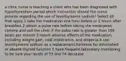 a clinic nurse is teaching a client who has been diagnosed with hypothyroidism period which instruction should the nurse provide regarding the use of levothyroxine sodium? Select all that apply 1 take the medication one hour before or 2 hours after breakfast 2 obtain a pulse rate before taking the medication comma and call the clinic if the pulse rate is greater than 100 beats per minute 3 report adverse effects of the medication, including weight gain, cold intolerance, and alopecia 4 use levothyroxine sodium as a replacement hormone for diminished or absent thyroid function 5 have frequent laboratory monitoring to be sure your levels of T3 and T4 decrease