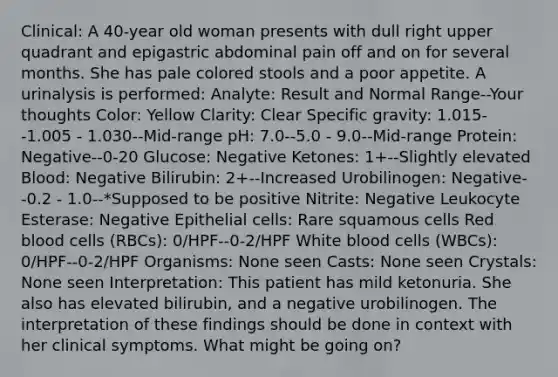 Clinical: A 40-year old woman presents with dull right upper quadrant and epigastric abdominal pain off and on for several months. She has pale colored stools and a poor appetite. A urinalysis is performed: Analyte: Result and Normal Range--Your thoughts Color: Yellow Clarity: Clear Specific gravity: 1.015--1.005 - 1.030--Mid-range pH: 7.0--5.0 - 9.0--Mid-range Protein: Negative--0-20 Glucose: Negative Ketones: 1+--Slightly elevated Blood: Negative Bilirubin: 2+--Increased Urobilinogen: Negative--0.2 - 1.0--*Supposed to be positive Nitrite: Negative Leukocyte Esterase: Negative Epithelial cells: Rare squamous cells Red blood cells (RBCs): 0/HPF--0-2/HPF White blood cells (WBCs): 0/HPF--0-2/HPF Organisms: None seen Casts: None seen Crystals: None seen Interpretation: This patient has mild ketonuria. She also has elevated bilirubin, and a negative urobilinogen. The interpretation of these findings should be done in context with her clinical symptoms. What might be going on?