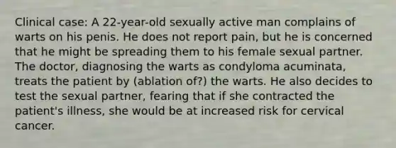 Clinical case: A 22-year-old sexually active man complains of warts on his penis. He does not report pain, but he is concerned that he might be spreading them to his female sexual partner. The doctor, diagnosing the warts as condyloma acuminata, treats the patient by (ablation of?) the warts. He also decides to test the sexual partner, fearing that if she contracted the patient's illness, she would be at increased risk for cervical cancer.