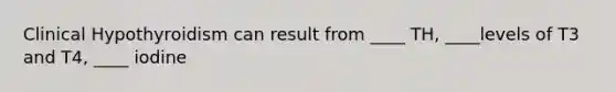Clinical Hypothyroidism can result from ____ TH, ____levels of T3 and T4, ____ iodine