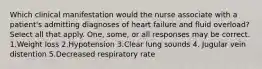 Which clinical manifestation would the nurse associate with a patient's admitting diagnoses of heart failure and fluid overload? Select all that apply. One, some, or all responses may be correct. 1.Weight loss 2.Hypotension 3.Clear lung sounds 4. Jugular vein distention 5.Decreased respiratory rate