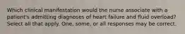 Which clinical manifestation would the nurse associate with a patient's admitting diagnoses of heart failure and fluid overload? Select all that apply. One, some, or all responses may be correct.