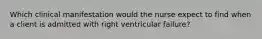 Which clinical manifestation would the nurse expect to find when a client is admitted with right ventricular failure?