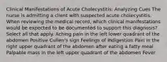 Clinical Manifestations of Acute Cholecystitis: Analyzing Cues​ The nurse is admitting a client with suspected acute cholecystitis. When reviewing the medical record, which clinical manifestations would be expected to be documented to support this diagnosis? Select all that apply​. Aching pain in the left lower quadrant of the abdomen​ Positive Cullen's sign Feelings of indigestion​ Pain in the right upper quadrant of the abdomen after eating a fatty meal​ Palpable mass in the left upper quadrant of the abdomen​ Fever