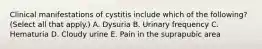 Clinical manifestations of cystitis include which of the following? (Select all that apply.) A. Dysuria B. Urinary frequency C. Hematuria D. Cloudy urine E. Pain in the suprapubic area