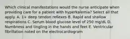 Which clinical manifestations would the nurse anticipate when providing care for a patient with hyperkalemia? Select all that apply. A. 1+ deep tendon reflexes B. Rapid and shallow respirations C. Serum blood glucose level of 250 mg/dL D. Numbness and tingling in the hands and feet E. Ventricular fibrillation noted on the electrocardiogram