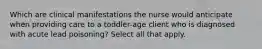 Which are clinical manifestations the nurse would anticipate when providing care to a toddler-age client who is diagnosed with acute lead poisoning? Select all that apply.