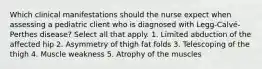 Which clinical manifestations should the nurse expect when assessing a pediatric client who is diagnosed with Legg-Calvé-Perthes disease? Select all that apply. 1. Limited abduction of the affected hip 2. Asymmetry of thigh fat folds 3. Telescoping of the thigh 4. Muscle weakness 5. Atrophy of the muscles