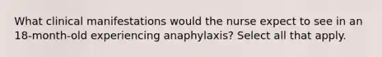 What clinical manifestations would the nurse expect to see in an 18-month-old experiencing anaphylaxis? Select all that apply.