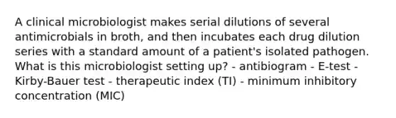 A clinical microbiologist makes serial dilutions of several antimicrobials in broth, and then incubates each drug dilution series with a standard amount of a patient's isolated pathogen. What is this microbiologist setting up? - antibiogram - E-test - Kirby-Bauer test - therapeutic index (TI) - minimum inhibitory concentration (MIC)