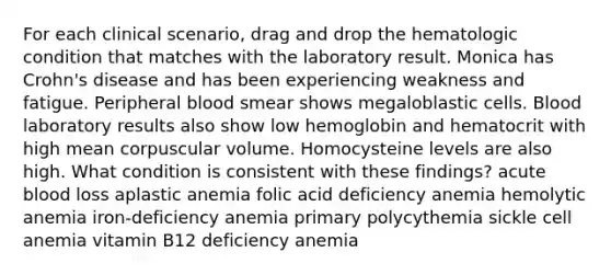 For each clinical scenario, drag and drop the hematologic condition that matches with the laboratory result. Monica has Crohn's disease and has been experiencing weakness and fatigue. Peripheral blood smear shows megaloblastic cells. Blood laboratory results also show low hemoglobin and hematocrit with high mean corpuscular volume. Homocysteine levels are also high. What condition is consistent with these findings? acute blood loss aplastic anemia folic acid deficiency anemia hemolytic anemia iron-deficiency anemia primary polycythemia sickle cell anemia vitamin B12 deficiency anemia