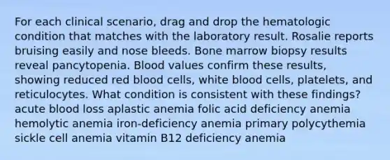 For each clinical scenario, drag and drop the hematologic condition that matches with the laboratory result. Rosalie reports bruising easily and nose bleeds. Bone marrow biopsy results reveal pancytopenia. Blood values confirm these results, showing reduced red blood cells, white blood cells, platelets, and reticulocytes. What condition is consistent with these findings? acute blood loss aplastic anemia folic acid deficiency anemia hemolytic anemia iron-deficiency anemia primary polycythemia sickle cell anemia vitamin B12 deficiency anemia