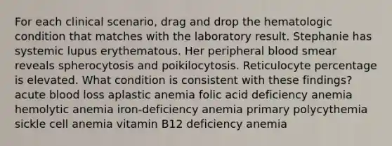 For each clinical scenario, drag and drop the hematologic condition that matches with the laboratory result. Stephanie has systemic lupus erythematous. Her peripheral blood smear reveals spherocytosis and poikilocytosis. Reticulocyte percentage is elevated. What condition is consistent with these findings? acute blood loss aplastic anemia folic acid deficiency anemia hemolytic anemia iron-deficiency anemia primary polycythemia sickle cell anemia vitamin B12 deficiency anemia