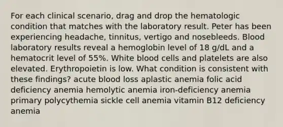 For each clinical scenario, drag and drop the hematologic condition that matches with the laboratory result. Peter has been experiencing headache, tinnitus, vertigo and nosebleeds. Blood laboratory results reveal a hemoglobin level of 18 g/dL and a hematocrit level of 55%. White blood cells and platelets are also elevated. Erythropoietin is low. What condition is consistent with these findings? acute blood loss aplastic anemia folic acid deficiency anemia hemolytic anemia iron-deficiency anemia primary polycythemia sickle cell anemia vitamin B12 deficiency anemia