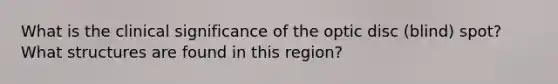 What is the clinical significance of the optic disc (blind) spot? What structures are found in this region?