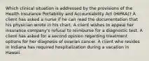 Which clinical situation is addressed by the provisions of the Health Insurance Portability and Accountability Act (HIPAA)? A client has asked a nurse if he can read the documentation that his physician wrote in his chart. A client wishes to appeal her insurance company's refusal to reimburse for a diagnostic test. A client has asked for a second opinion regarding treatment options for her diagnosis of ovarian cancer. A client who resides in Indiana has required hospitalization during a vacation in Hawaii.