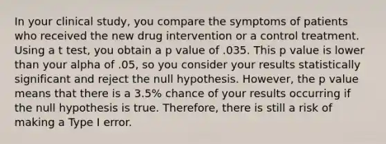 In your clinical study, you compare the symptoms of patients who received the new drug intervention or a control treatment. Using a t test, you obtain a p value of .035. This p value is lower than your alpha of .05, so you consider your results statistically significant and reject the null hypothesis. However, the p value means that there is a 3.5% chance of your results occurring if the null hypothesis is true. Therefore, there is still a risk of making a Type I error.