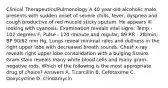 Clinical Therapeutics/Pulmonology A 40 year-old alcoholic male presents with sudden onset of severe chills, fever, dyspnea and cough productive of red mucoid sticky sputum. He appears ill looking with cyanosis. Examination reveals vital signs: Temp - 102 degrees F; Pulse - 120 /minute and regular; 89 RR - 28/min; BP 90/62 mm Hg. Lungs reveal minimal rales and dullness in the right upper lobe with decreased breath sounds. Chest x-ray reveals right upper lobe consolidation with a bulging fissure. Gram stain reveals many white blood cells and many gram- negative rods. Which of the following is the most appropriate drug of choice? Answers A. Ticarcillin B. Cefotaxime C. Doxycycline D. Clindamycin