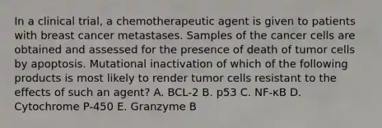 In a clinical trial, a chemotherapeutic agent is given to patients with breast cancer metastases. Samples of the cancer cells are obtained and assessed for the presence of death of tumor cells by apoptosis. Mutational inactivation of which of the following products is most likely to render tumor cells resistant to the effects of such an agent? A. BCL-2 B. p53 C. NF-κB D. Cytochrome P-450 E. Granzyme B