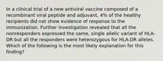 In a clinical trial of a new antiviral vaccine composed of a recombinant viral peptide and adjuvant, 4% of the healthy recipients did not show evidence of response to the immunization. Further investigation revealed that all the nonresponders expressed the same, single allelic variant of HLA-DR but all the responders were heterozygous for HLA-DR alleles. Which of the following is the most likely explanation for this finding?