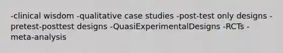 -clinical wisdom -qualitative case studies -post-test only designs -pretest-posttest designs -QuasiExperimentalDesigns -RCTs -meta-analysis