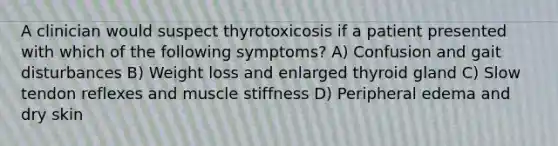 A clinician would suspect thyrotoxicosis if a patient presented with which of the following symptoms? A) Confusion and gait disturbances B) Weight loss and enlarged thyroid gland C) Slow tendon reflexes and muscle stiffness D) Peripheral edema and dry skin