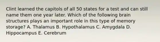 Clint learned the capitols of all 50 states for a test and can still name them one year later. Which of the following brain structures plays an important role in this type of memory storage? A. Thalamus B. Hypothalamus C. Amygdala D. Hippocampus E. Cerebrum