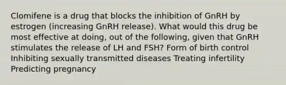 Clomifene is a drug that blocks the inhibition of GnRH by estrogen (increasing GnRH release). What would this drug be most effective at doing, out of the following, given that GnRH stimulates the release of LH and FSH? Form of birth control Inhibiting sexually transmitted diseases Treating infertility Predicting pregnancy