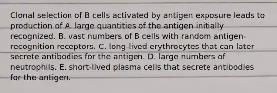 Clonal selection of B cells activated by antigen exposure leads to production of A. large quantities of the antigen initially recognized. B. vast numbers of B cells with random antigen-recognition receptors. C. long-lived erythrocytes that can later secrete antibodies for the antigen. D. large numbers of neutrophils. E. short-lived plasma cells that secrete antibodies for the antigen.