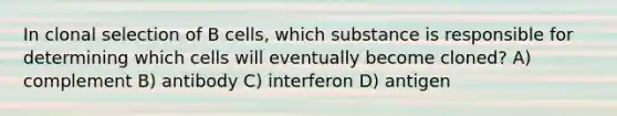 In clonal selection of B cells, which substance is responsible for determining which cells will eventually become cloned? A) complement B) antibody C) interferon D) antigen