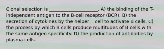 Clonal selection is _____________________. A) the binding of the T-independent antigen to the B-cell receptor (BCR). B) the secretion of cytokines by the helper T cell to activate B cells. C) the process by which B cells produce multitudes of B cells with the same antigen specificity. D) the production of antibodies by plasma cells.