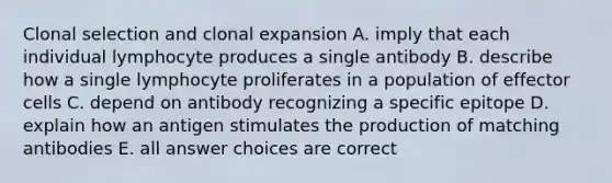 Clonal selection and clonal expansion A. imply that each individual lymphocyte produces a single antibody B. describe how a single lymphocyte proliferates in a population of effector cells C. depend on antibody recognizing a specific epitope D. explain how an antigen stimulates the production of matching antibodies E. all answer choices are correct