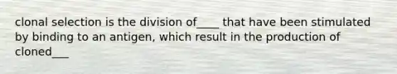 clonal selection is the division of____ that have been stimulated by binding to an antigen, which result in the production of cloned___