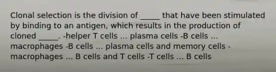 Clonal selection is the division of _____ that have been stimulated by binding to an antigen, which results in the production of cloned _____. -helper T cells ... plasma cells -B cells ... macrophages -B cells ... plasma cells and memory cells -macrophages ... B cells and T cells -T cells ... B cells