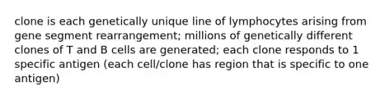 clone is each genetically unique line of lymphocytes arising from gene segment rearrangement; millions of genetically different clones of T and B cells are generated; each clone responds to 1 specific antigen (each cell/clone has region that is specific to one antigen)