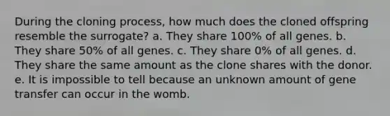 During the cloning process, how much does the cloned offspring resemble the surrogate? a. They share 100% of all genes. b. They share 50% of all genes. c. They share 0% of all genes. d. They share the same amount as the clone shares with the donor. e. It is impossible to tell because an unknown amount of gene transfer can occur in the womb.